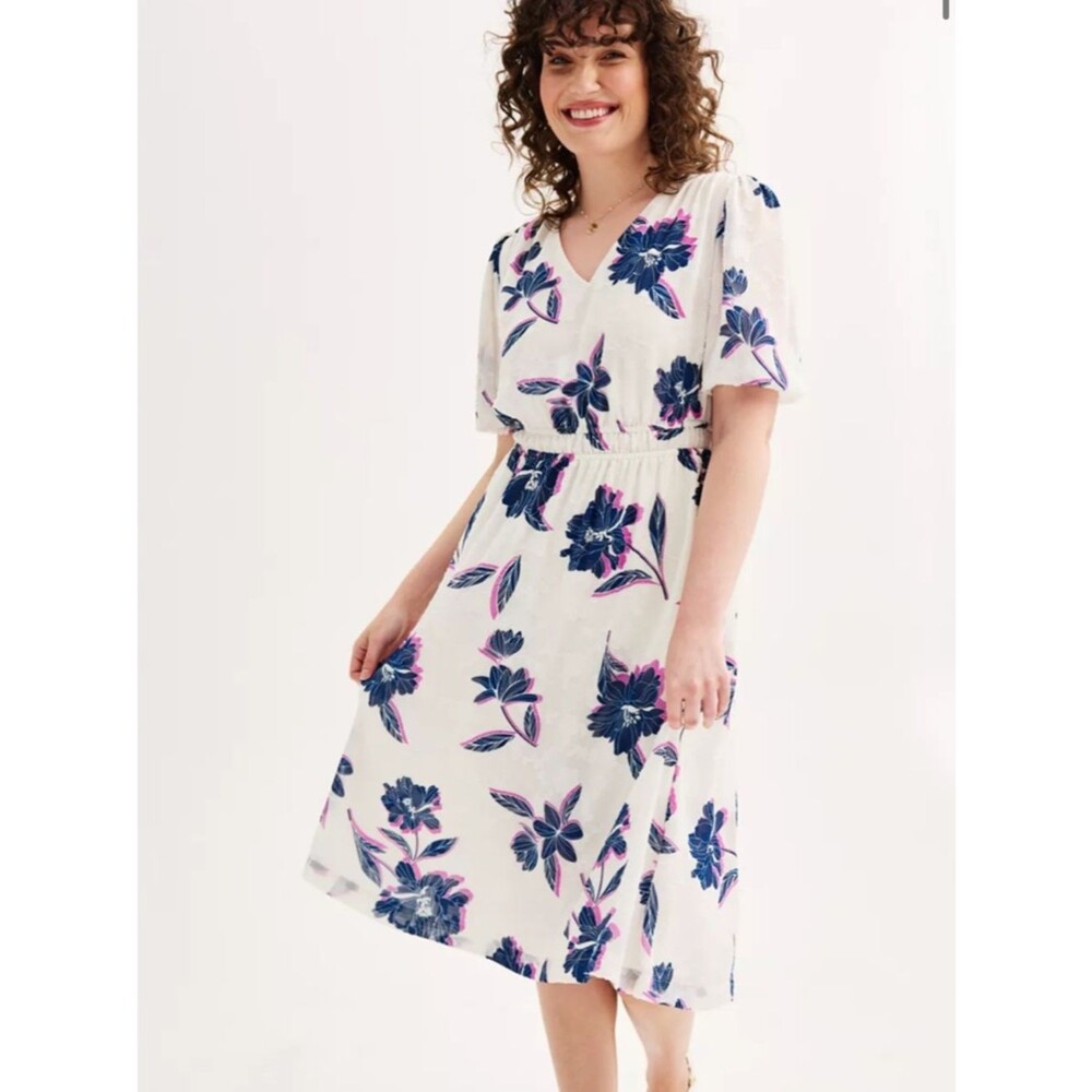 Draper James White Floral Midi Dress with Blue and Pink Elbow Sleeves Large